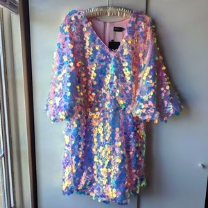 Xpluswear Plus Size Iridescent Round Sequin V-Neck Dolman Sleeve Romper (Pink)